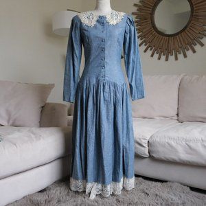 Vintage Gunne Sax 70s Blue Prairie  Cottagecore Maxi Dress